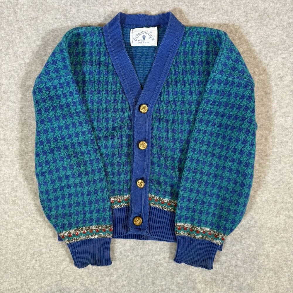 Vintage Kitestrings Knit Cardigan Sweater Blue Houndstooth Gold Buttons Youth 8